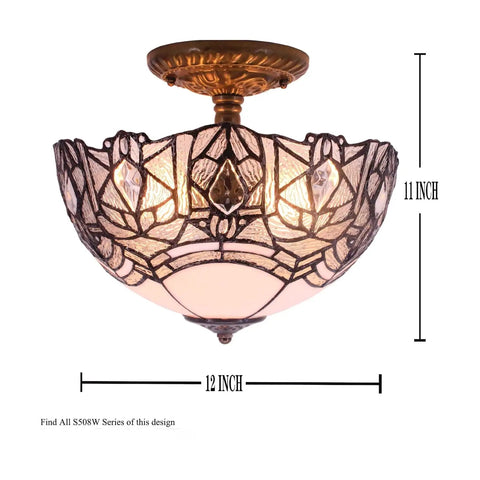 Crystal Bead Tiffany Style Glam Ceiling Light Fixture White Stained Glass Semi Flush Mount Lamp 12 Inch Wide 11 Inch High Antique Green Bronze Base Hardwired With 16 Inch Cord LED Ready