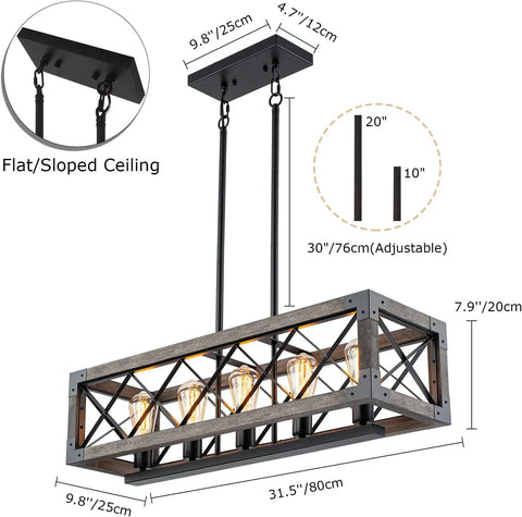 Slick Modern Rectangle Chandelier For Kitchen Island Lighting, Linear Pendant Light Fixtures Ceiling Hanging For Dining Room, E26 Base With Four Sockets, Bulbs Not Included, Sloped Ceiling Adapter Included, UL Listed, dimensions and adjustable rod shown
