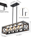 Modern Black Linear Pendant Light Four Light Fixture With Industrial Geometric Open Rectangle Frame And Antique Brass Sockets For Kitchen Island And Dining Room Vibe, showing dimensions and adjustable cord.