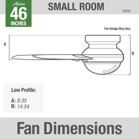Side view technical drawing of 46 Inch Indoor Ceiling Fan With LED Light, White Finish, Pull Chain Control, Low Profile Mount, Five Blade Design