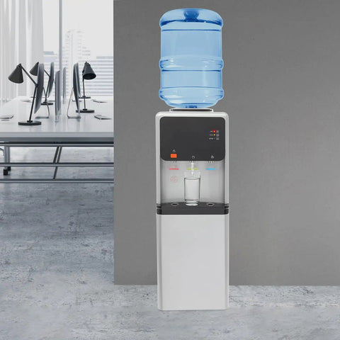 Office setting with Triple Temperature Water Dispenser With Hot Cold And Room Temperature Faucets, 5.02 Gallon Freestanding Electric Cooler And Heater.