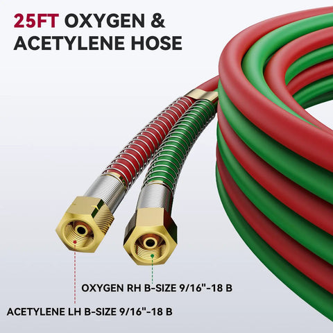 Grade T Heavy Duty Oxygen Acetylene Hose For Welding Torch Use One Quarter Inch By Twenty Five Foot With Nine Sixteen Eighteen B Fittings
