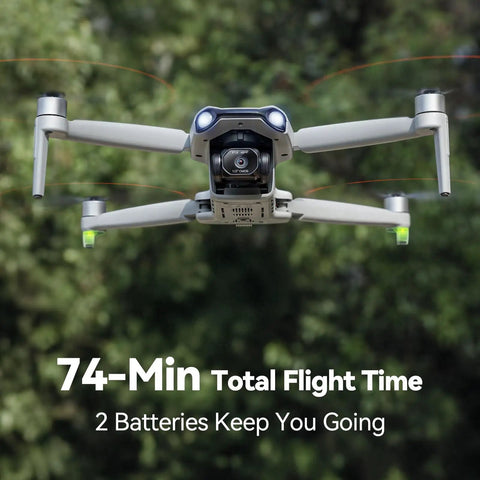 Pro Grade Drone With 48MP 8K Photo Sensor, 3 Axis Gimbal Stabilizer, flying against blurred green background