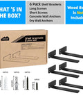 Image showing Hidden Black Metal L Shelf Brackets Set 10 Inch Thick One Fifth Inch for Wood Shelves Six Pack with 160 lbs Load Capacity.