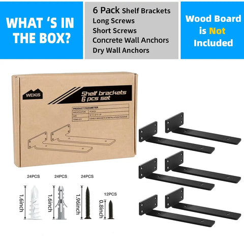 Image showing Hidden Black Metal L Shelf Brackets Set 10 Inch Thick One Fifth Inch for Wood Shelves Six Pack with 160 lbs Load Capacity.