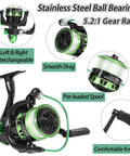 Close-up of spinning reel from Two Piece Telescopic Fishing Rod And Reel Combo with smooth drag and stainless steel ball bearings.