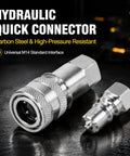 Heavy Duty Hydraulic Quick Connect Coupler M14x1.5 Female Thread Pipe Fitting Pair showing carbon steel connectors for quick hookups.