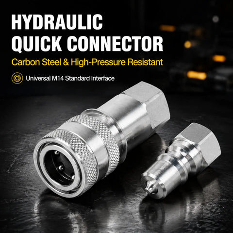 Heavy Duty Hydraulic Quick Connect Coupler M14x1.5 Female Thread Pipe Fitting Pair showing carbon steel connectors for quick hookups.