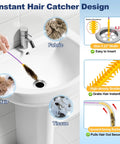 Reusable 35 Inch Drain Snake 5 Pack With Thick Bristle Brush Straight Up Sink Shower Clog Remover snagging hair from sink drain.