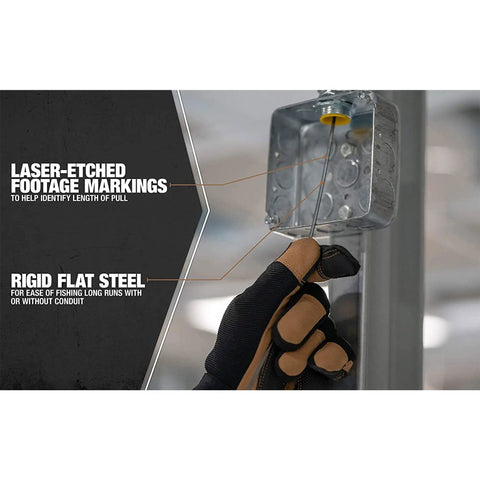 Hand using 1 Eighth Inch Steel Fish Tape, 240 Feet, Tough As Nails Rugged Spring Steel Tool For Electricians with metal box