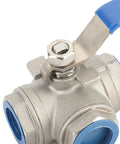 Heavy Duty One Inch Three Way L Type Ball Valve Female Threads 304 Stainless Steel with blue twist handle close-up.
