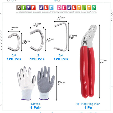 Hog Ring Pliers Kit With 360 Pcs Steel Rings 1/2 Inch 3/4 Inch 3/8 Inch And Anti Cutting Gloves for upholstery, fencing, DIY crafts.
