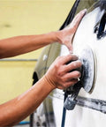 Person using 6-inch sanding disc on a vehicle surface for polishing, part of Get Your Project Done With A Killer 10-Pack Of 6-Inch Sanding Discs Featuring Hook And Loop Backing Across Grits Ranging From Rough 40 To Ultra-Smooth 2000 Perfect For Woodwork Polishing And Metal Grinding On Any Random Orbital Sander You Own.