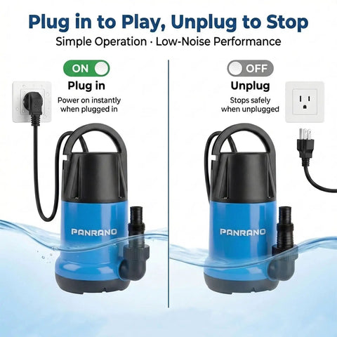 1HP Submersible Sump Pump With 3700 GPH Flow For Clean Or Dirty Water, Portable Drain Pump, light blue, plugged in and unplugged