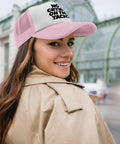 Woman wearing Lightweight Pink Trucker Cap For Men, Washed Distressed Low Profile Baseball Hat with text "No Crying on the Yacht"