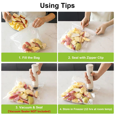 Using tips for Reusable Vacuum Seal Bags 50pc With Clips 3 Sizes M L XL For Meal Prep Storage, showing sealing process