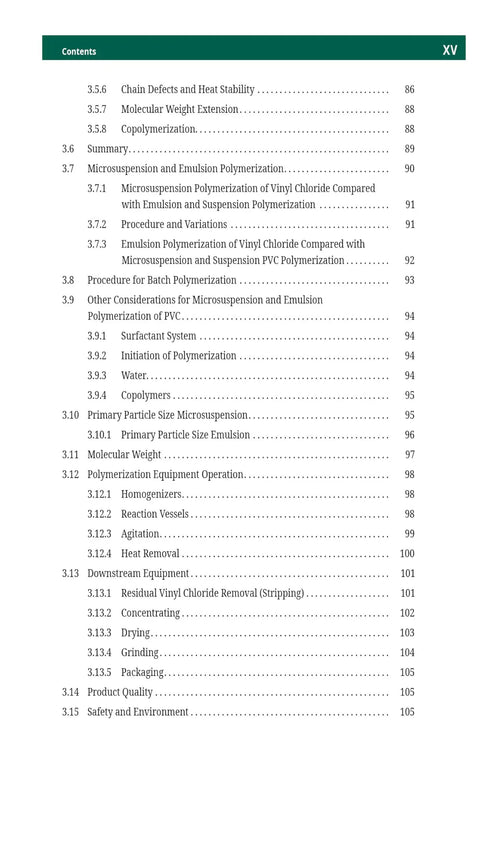 Vinyl Chemistry Mastery Second Edition A Practical Handbook contents page, showing chapters on polymerization and processing techniques.