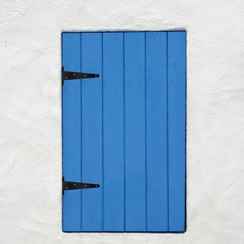 Heavy Duty Slotted Gate Hinge With Extended T Shape Design on blue wooden gate, black iron material