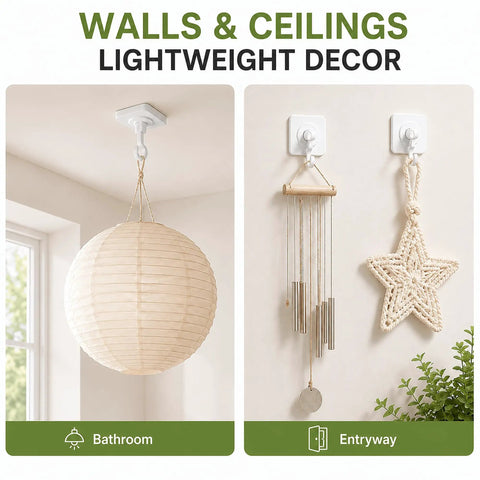 Heavy Duty Adhesive Hooks With 360 Degree Swivel Nail Free Wall Ceiling Mount Rotating Rack For Bathroom Kitchen Decor Tools No Drilling Peel Stick High Capacity Strong Support decor showcased in bathroom and entryway.
