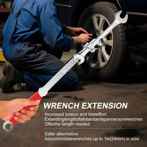 Mechanic using Extra Long Wrench Extension Bar for Maximum Leverage 16 Inch Universal Torque Adaptor on car tire in garage