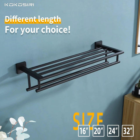 Matte Black Bath Towel Rack With Double Towel Bars 24 Inch Wall Mounted Stainless Steel Shelf on light blue wall