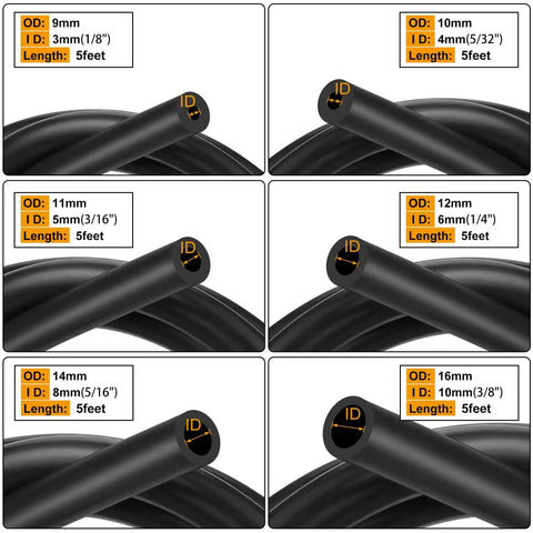 Six Piece Silicone Vacuum Tubing Hose Kit For Automotive Use, showing six sizes from 1/8 inch to 3/8 inch, black flexible hoses visible