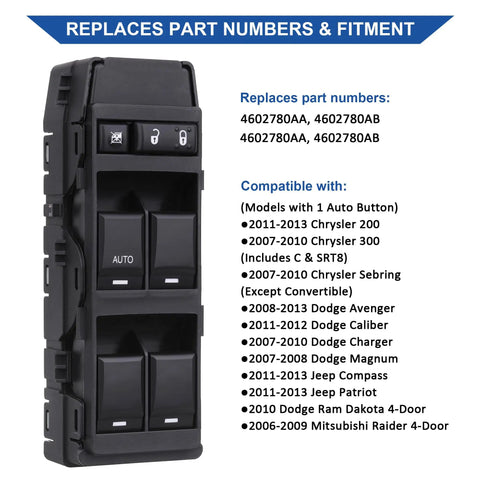 Front Left Driver Side Power Window Switch Replacement Fits Dodge Avenger 2008 To 2013 Charger Magnum Caliber Chrysler 200 300 Sebring 2007 To 2010 Jeep Compass Patriot 2011 To 2013 Ram Dakota 2010 Mitsubishi Raider 2006 To 2009 with part numbers