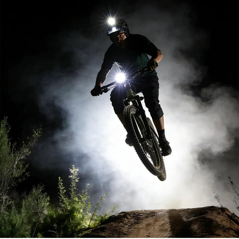 Cyclist using heavy duty aluminum bike light mount bracket for handlebar mounting fits BHL001 headlights, night ride ready