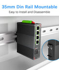 Industrial 5-Port PoE Gigabit Din Rail Ethernet Switch mounted on 35mm rail, showing front and side view with mounting details
