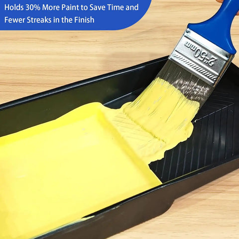 Brush from 30 Pack Paint Brush Set with 5 sizes applying yellow paint in tray, showcasing durable bristles, no shedding for all paints.