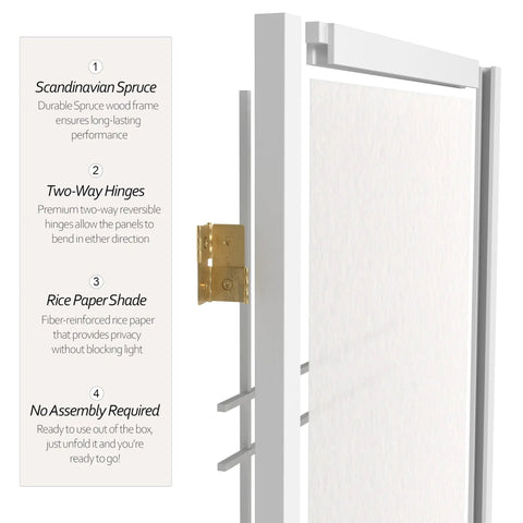 Close-up of Portable Three Panel White Shoji Screen With Rice Paper And Spruce Wood Frame Lightweight Folding Room Divider hinge
