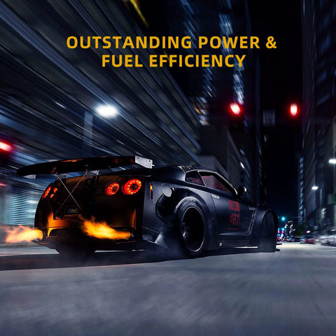 Sports car with flames from exhaust, showcasing power and fuel efficiency at night in urban setting.