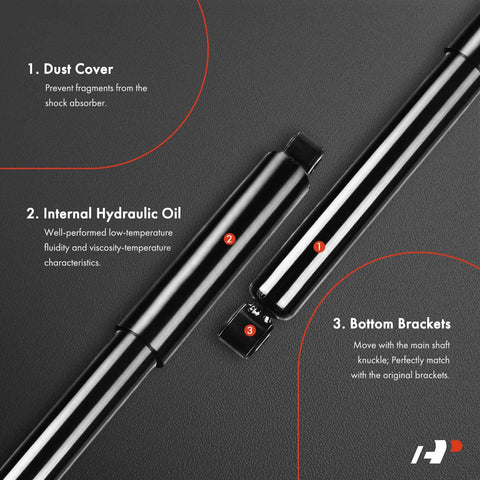 Close-up of rear gas shock absorber struts for Chevrolet Silverado 1500 2007-2018 showing dust cover and brackets