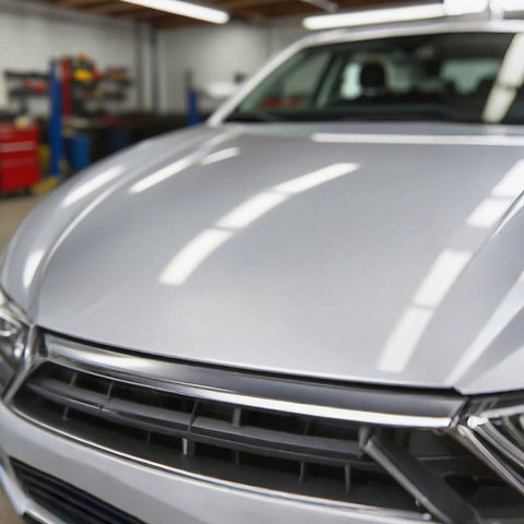 Automotive clear coat on a silver car hood in an auto repair shop