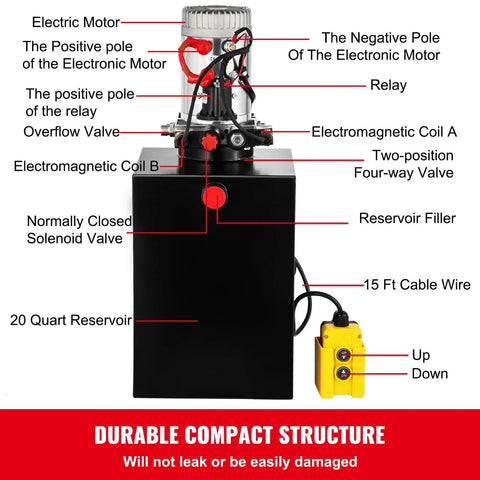 Electric Hydraulic Pump 20 Quart Double Acting With Metal Reservoir For Dump Trailers Heavy Duty And Easy To Install Built In Overpressure Relief Valve For Safe Reliable Power Preassembled And Ready To Run