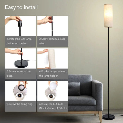 Modern Tall LED Floor Lamp With Linen Shade And Black Iron Pole, Perfect For Living Room, Bedroom, Or Office installation guide