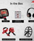 Minelab Vanquish 440 metal detector with V10 10x7 double-D coil, rain cover, headphones, and AA alkaline batteries