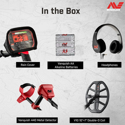 Minelab Vanquish 440 metal detector with V10 10x7 double-D coil, rain cover, headphones, and AA alkaline batteries
