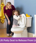 Mother and child using 2 In 1 Elongated Toilet Seat With Built In Toddler Potty Training Seat Slow Close Easy To Install White Made In USA