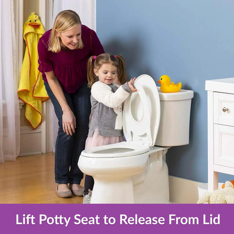 Mother and child using 2 In 1 Elongated Toilet Seat With Built In Toddler Potty Training Seat Slow Close Easy To Install White Made In USA