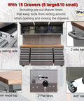 2 Pack Of 72 Inch Tall Stainless Steel Rolling Tool Chest With 15 Drawers 3 Wall Cabinets Pegboard And Deep Wood Top featuring sturdy sliding rails, tool drawer, and side handles.