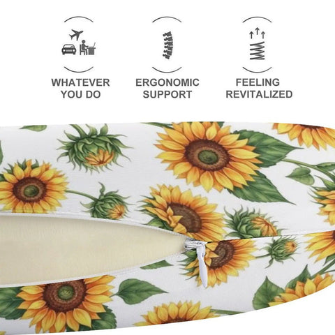 Sunflower Floral White Women's Neck Pillow With Memory Foam For Travel showing ergonomic support benefits