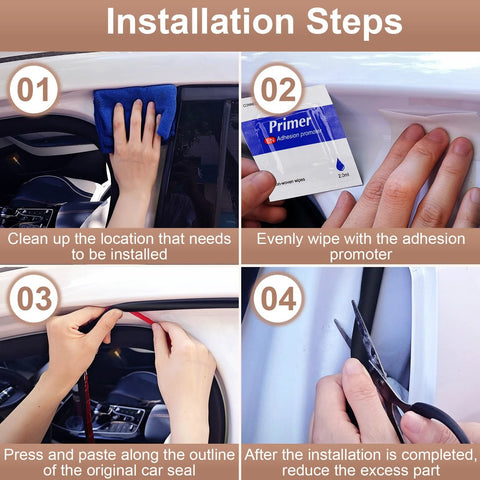 Automotive D-shaped rubber door seal, 10 ft, being cleaned on car door frame
Close-up of applying primer adhesive promoter to the door jamb
Close-up of pressing weather strip along the door outline
Installed door seal being trimmed to remove excess material