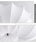 Close-up details of White Fabric Drum Shade on Flush Mount Ceiling Light Fixture with Three Lights