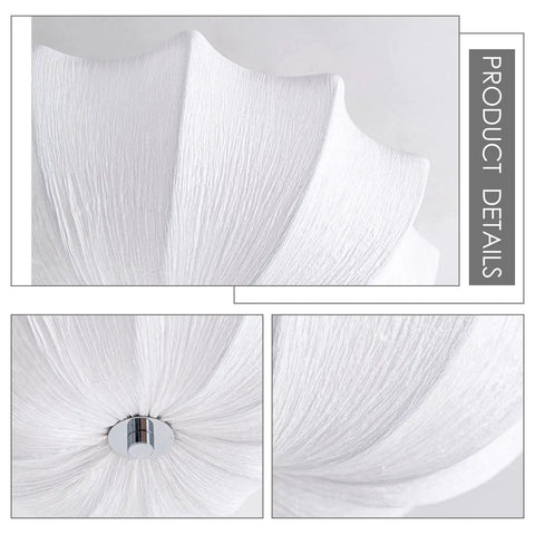 Close-up details of White Fabric Drum Shade on Flush Mount Ceiling Light Fixture with Three Lights
