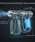 Disinfectant Fogger Machine For Fast Cleanup In Small And Medium Rooms, Professional Sanitizer Sprayer With ULV Atomizer And Nano Steam Gun, Rechargeable Barber Spray Gun With Blue Light V2, highlighting precision atomizer head and reliable power core.