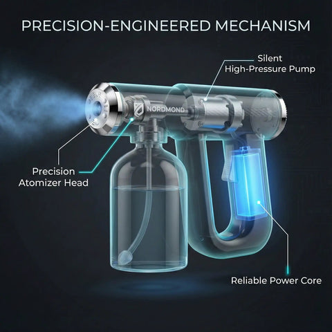 Disinfectant Fogger Machine For Fast Cleanup In Small And Medium Rooms, Professional Sanitizer Sprayer With ULV Atomizer And Nano Steam Gun, Rechargeable Barber Spray Gun With Blue Light V2, highlighting precision atomizer head and reliable power core.