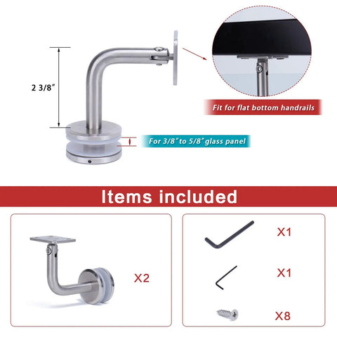 Two Pack Heavy Duty Glass Handrail Brackets, Adjustable Wall Mount For Wood, Stainless Steel, Or Aluminum Handrails, Fits 10 To 15mm And Three Eighths To Five Eighths Inch Glass Panels, 270 Degree Adjustment, Rustproof T304 Stainless GA03 GR1, items included - brackets, wrench, screws