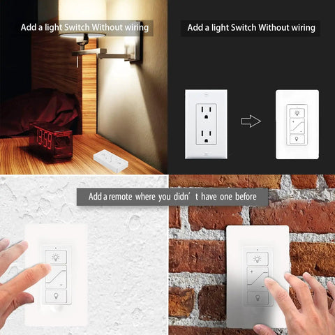 Smooth Wireless Dimmer Light Switch And Smart Receiver That Hooks Up Easy With Alexa For Quick Voice Control And Remote Tweaks While Handling Any Ceiling Fan Lamp Setup Without Breaking A Sweat showing a light switch setup without wiring on different surfaces.