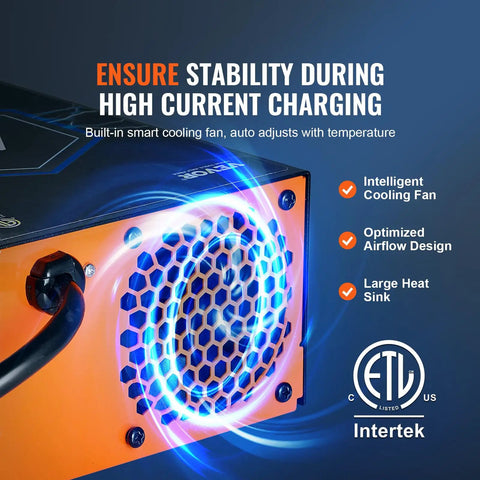Close-up view of the cooling fan on the Straight Up Solid 45 Amp RV Converter 120V AC To 12V DC Smart Battery Charger.